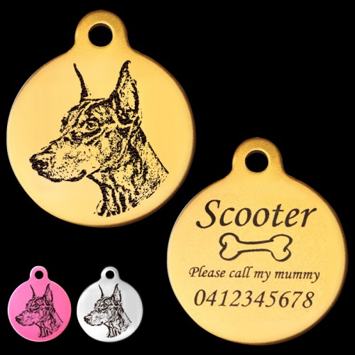 Doberman Cropped Ear Engraved 31mm Large Round Pet Dog ID Tag